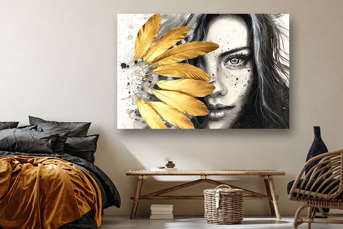 woman face gold feather Canvas Wall Art