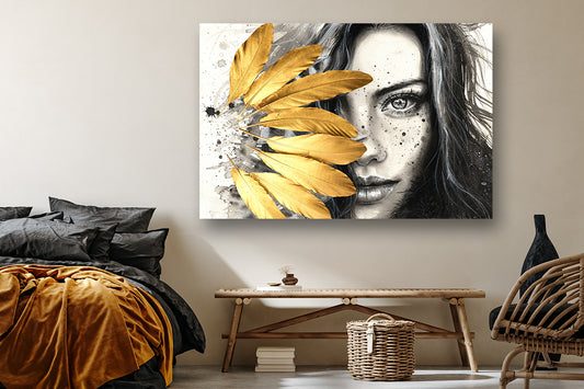 woman face gold feather Canvas Wall Art